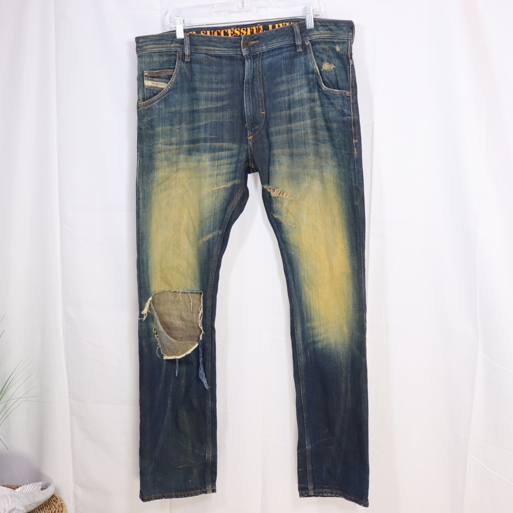 Diesel Krooley Jeans 36x32 Blue Mens Distressed Slim Carrot Denim